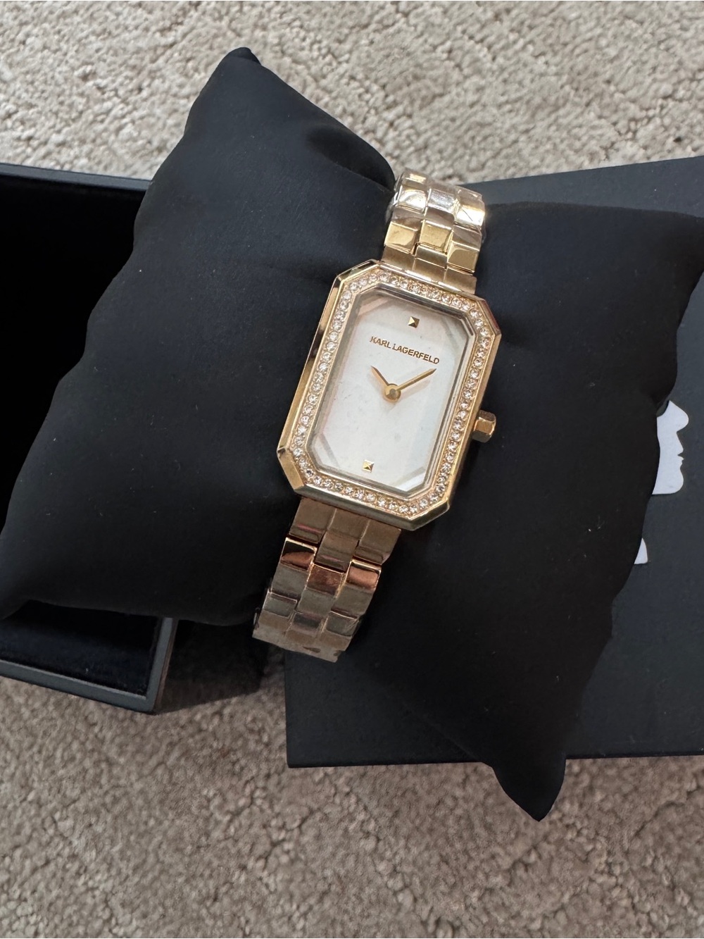 NWT Karl Lagerfeld Gold and White Crystal-Trim Bracelet Watch